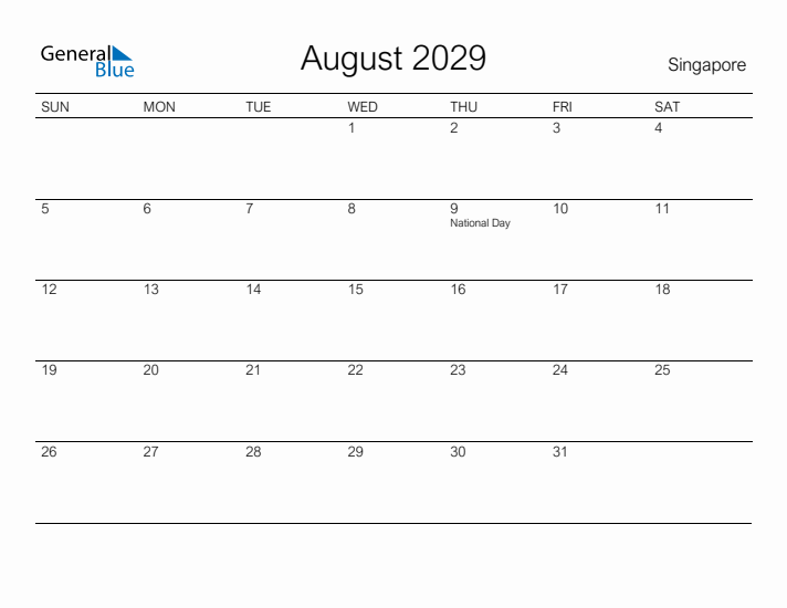 Printable August 2029 Calendar for Singapore