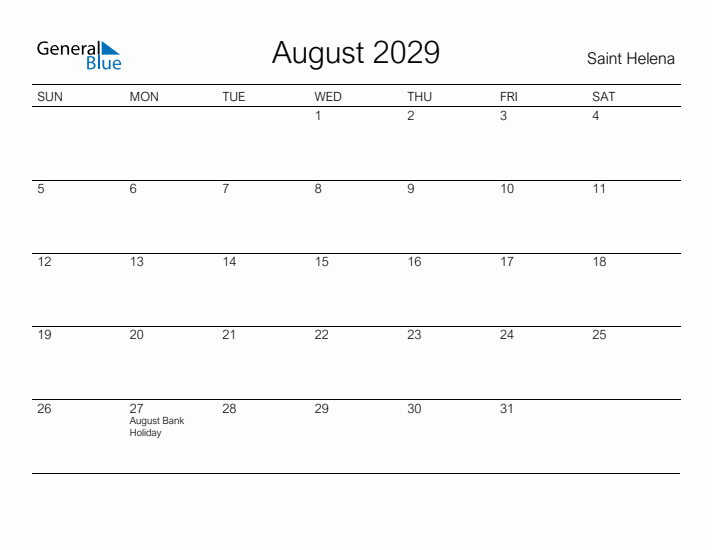Printable August 2029 Calendar for Saint Helena