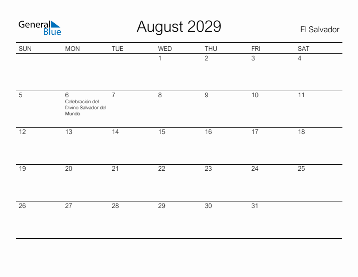 Printable August 2029 Calendar for El Salvador