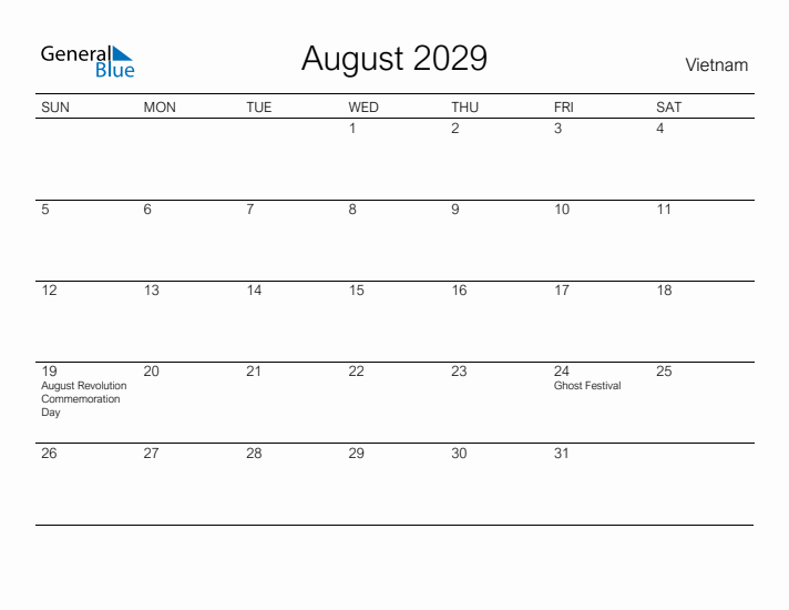 Printable August 2029 Calendar for Vietnam