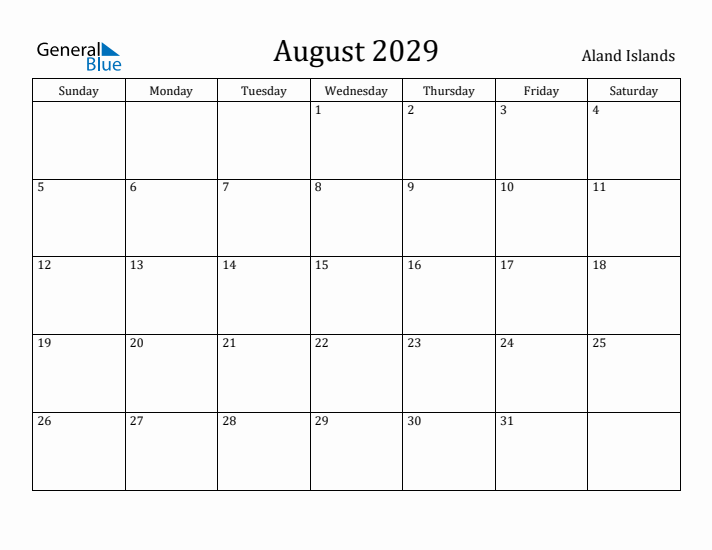 August 2029 Calendar Aland Islands