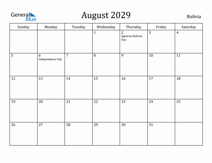 August 2029 Calendar Bolivia