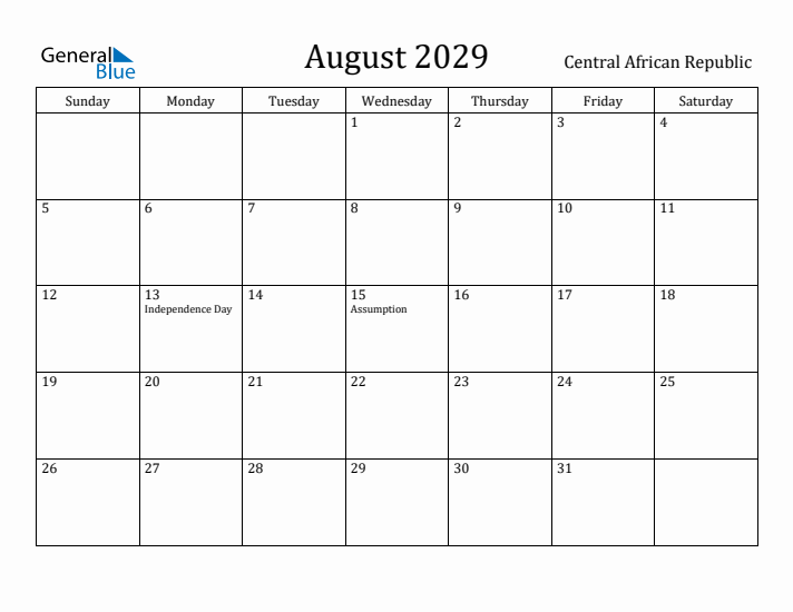 August 2029 Calendar Central African Republic