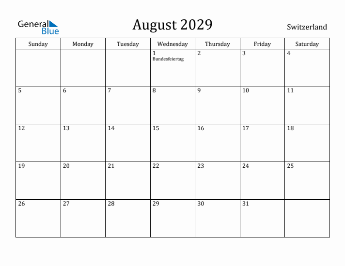 August 2029 Calendar Switzerland
