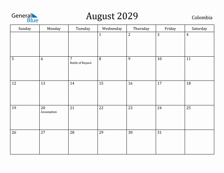August 2029 Calendar Colombia