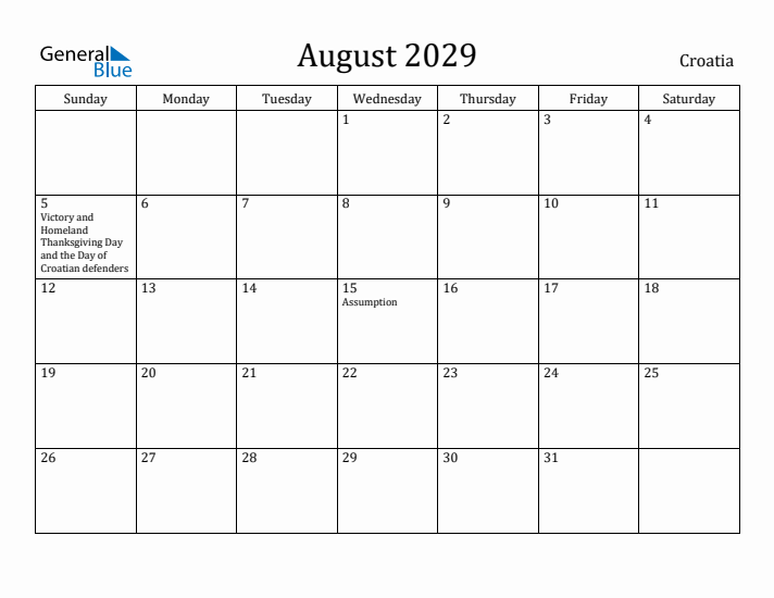 August 2029 Calendar Croatia