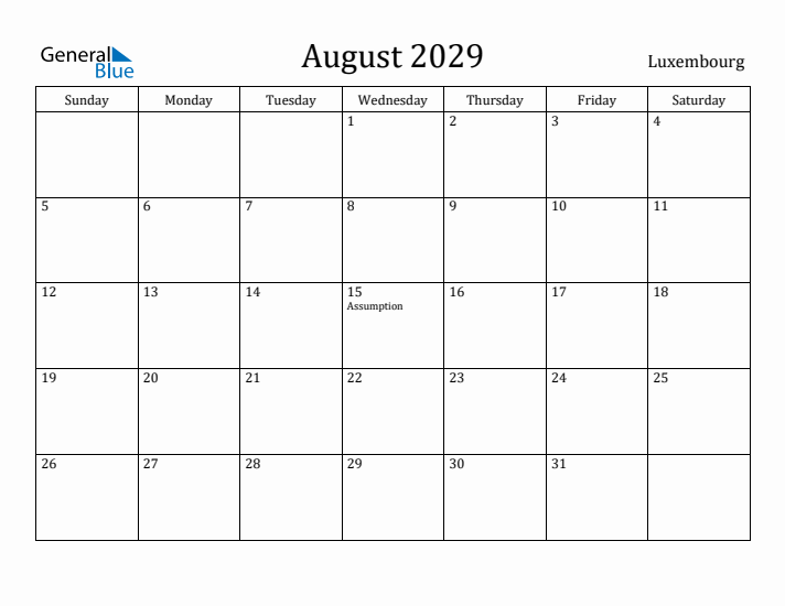 August 2029 Calendar Luxembourg