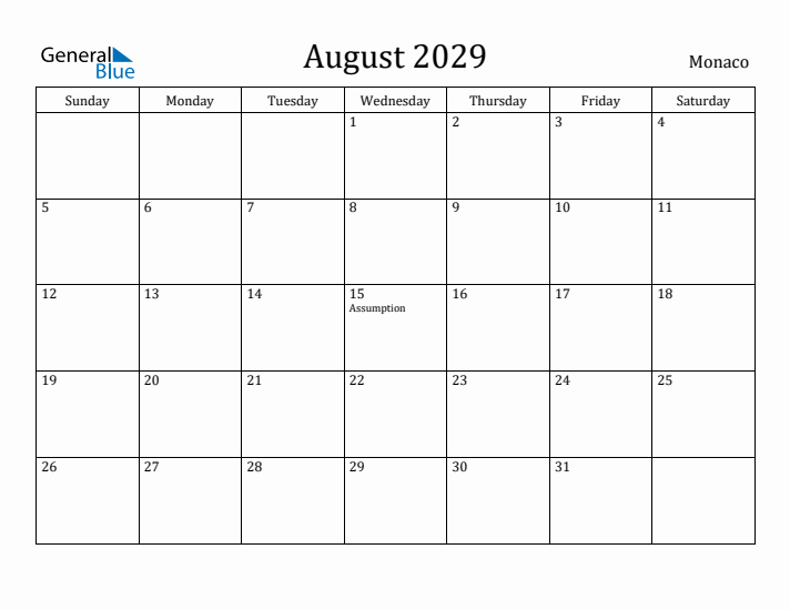 August 2029 Calendar Monaco