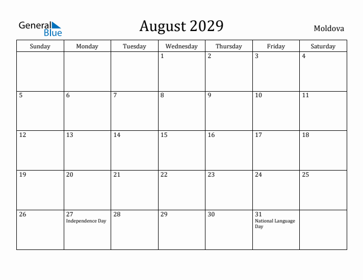 August 2029 Calendar Moldova