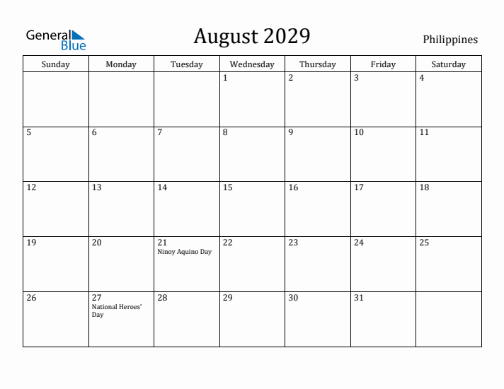 August 2029 Calendar Philippines