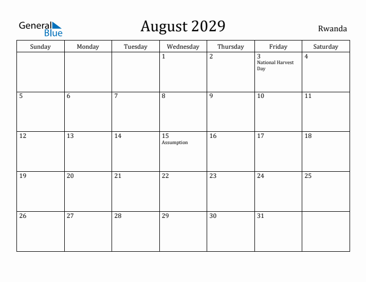 August 2029 Calendar Rwanda