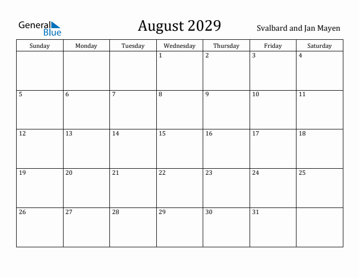 August 2029 Calendar Svalbard and Jan Mayen