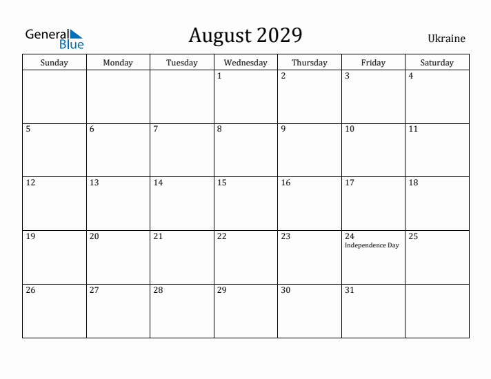 August 2029 Calendar Ukraine
