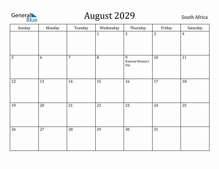 August 2029 Calendar South Africa