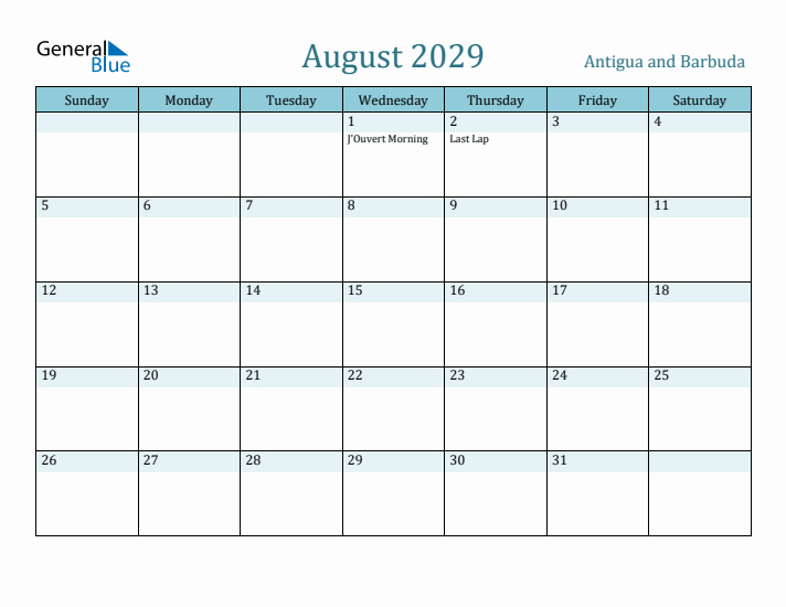August 2029 Calendar with Holidays