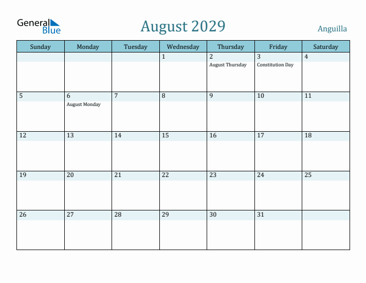 August 2029 Calendar with Holidays