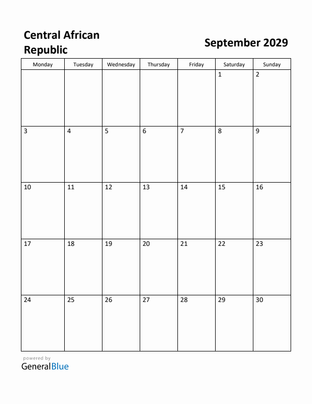 September 2029 Calendar with Central African Republic Holidays