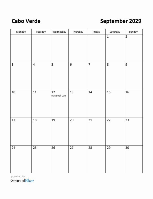 September 2029 Calendar with Cabo Verde Holidays