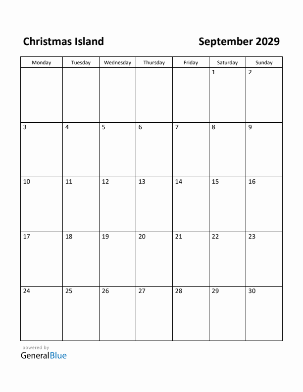 September 2029 Calendar with Christmas Island Holidays