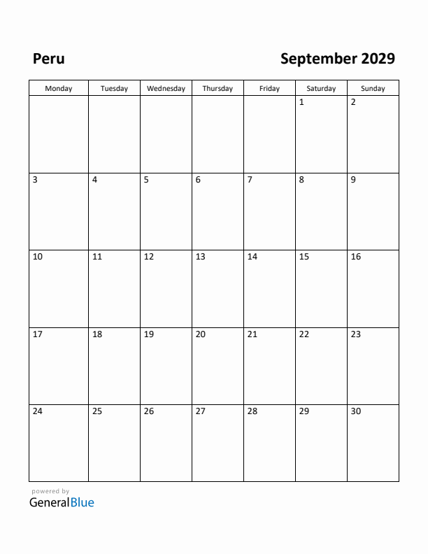 September 2029 Calendar with Peru Holidays