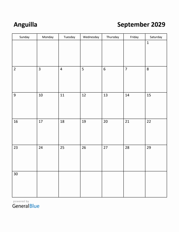 September 2029 Calendar with Anguilla Holidays