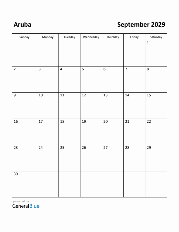 September 2029 Calendar with Aruba Holidays
