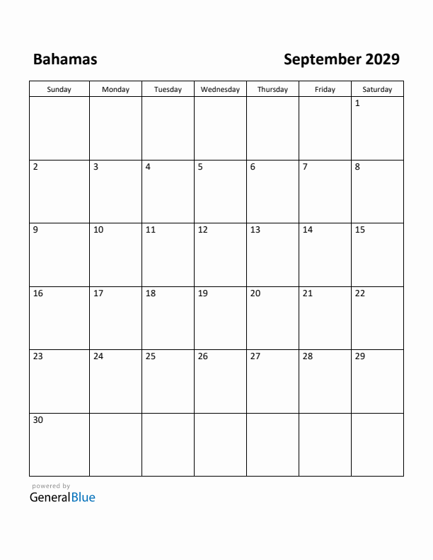 September 2029 Calendar with Bahamas Holidays