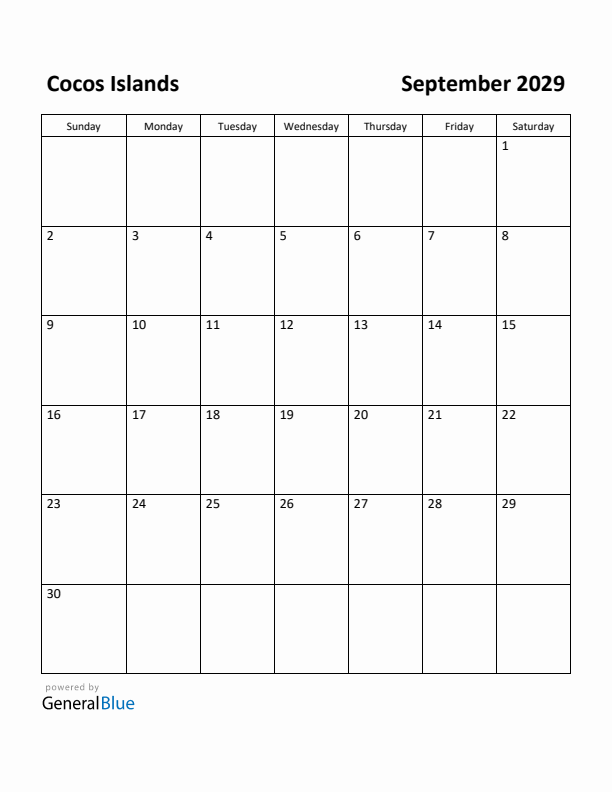 September 2029 Calendar with Cocos Islands Holidays