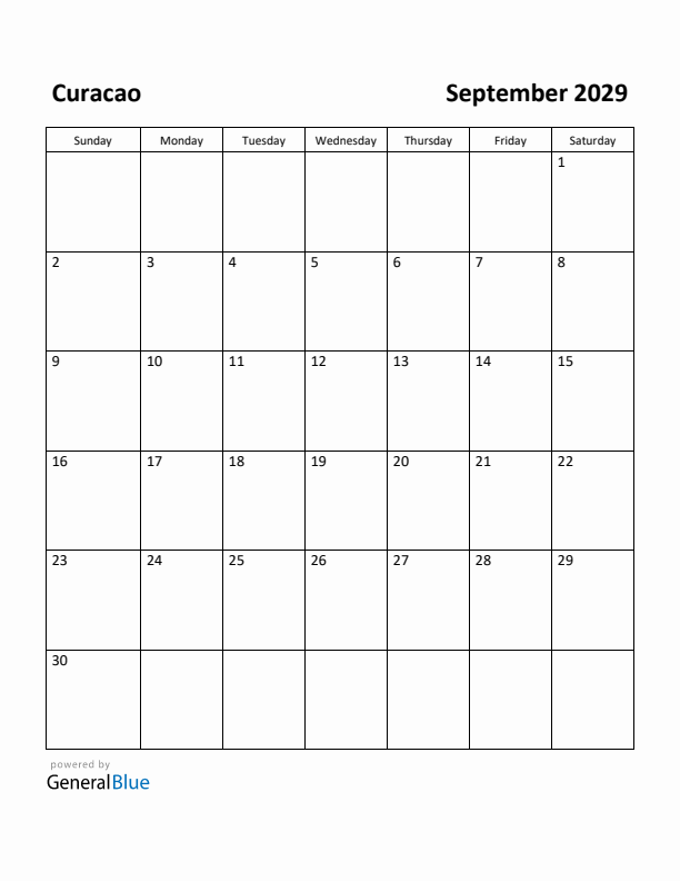 September 2029 Calendar with Curacao Holidays