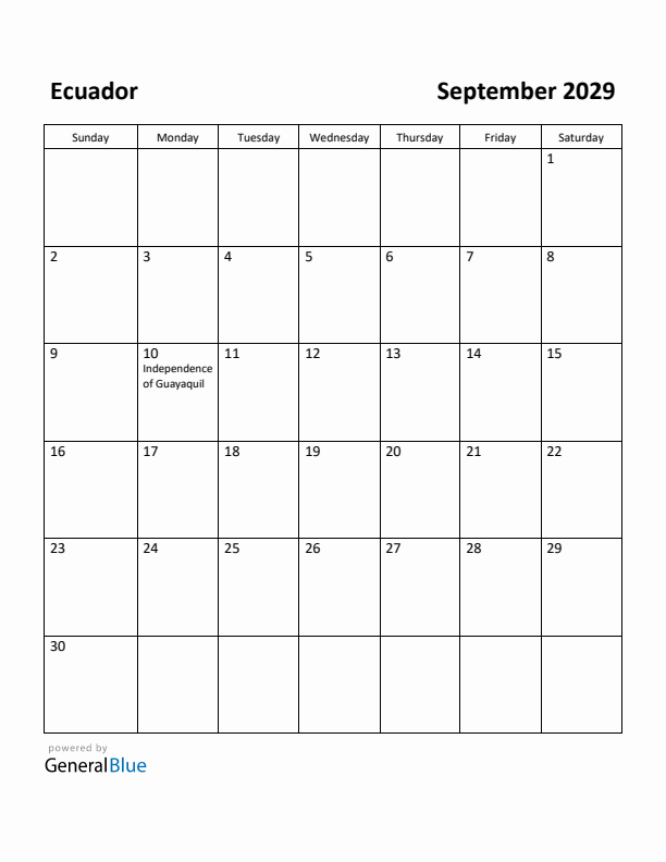 September 2029 Calendar with Ecuador Holidays