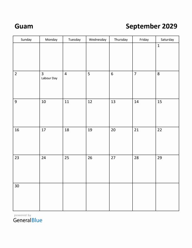 September 2029 Calendar with Guam Holidays