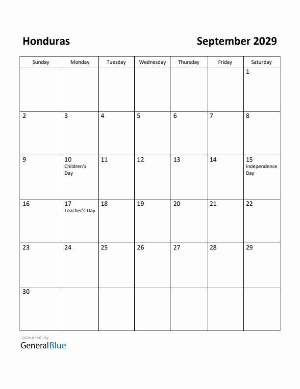 September 2029 Calendar with Honduras Holidays