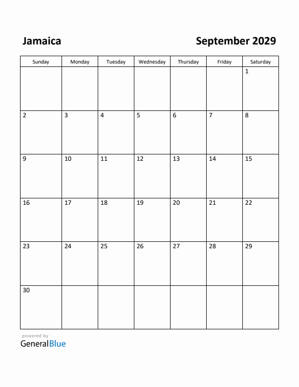 September 2029 Calendar with Jamaica Holidays