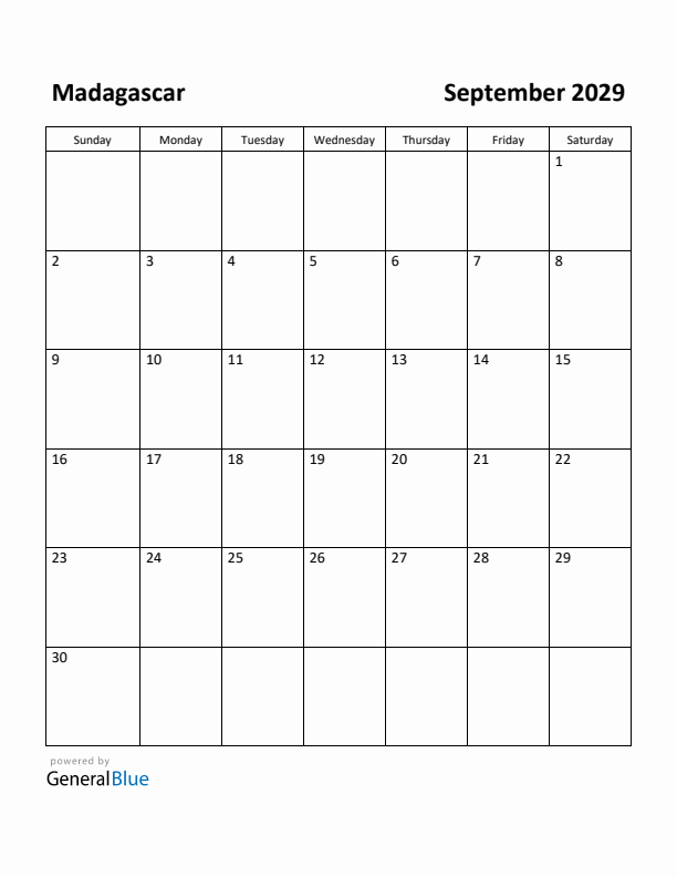 September 2029 Calendar with Madagascar Holidays