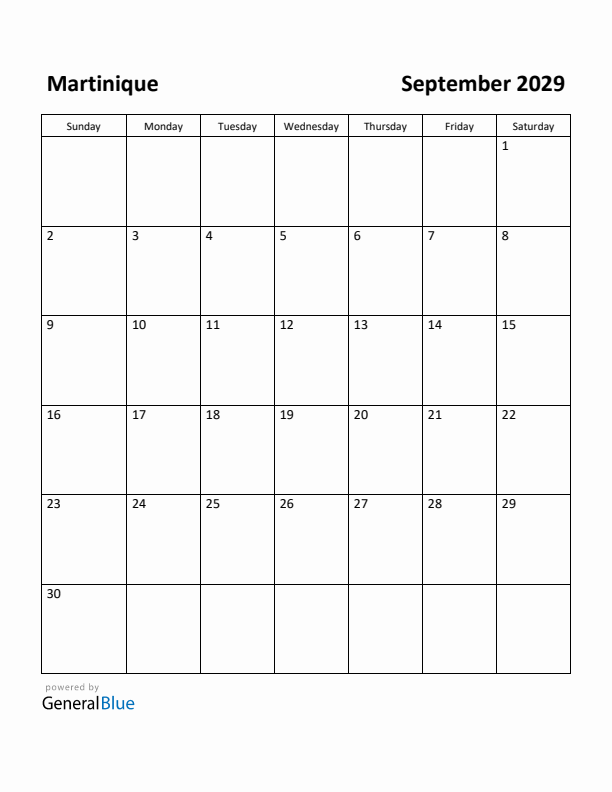September 2029 Calendar with Martinique Holidays