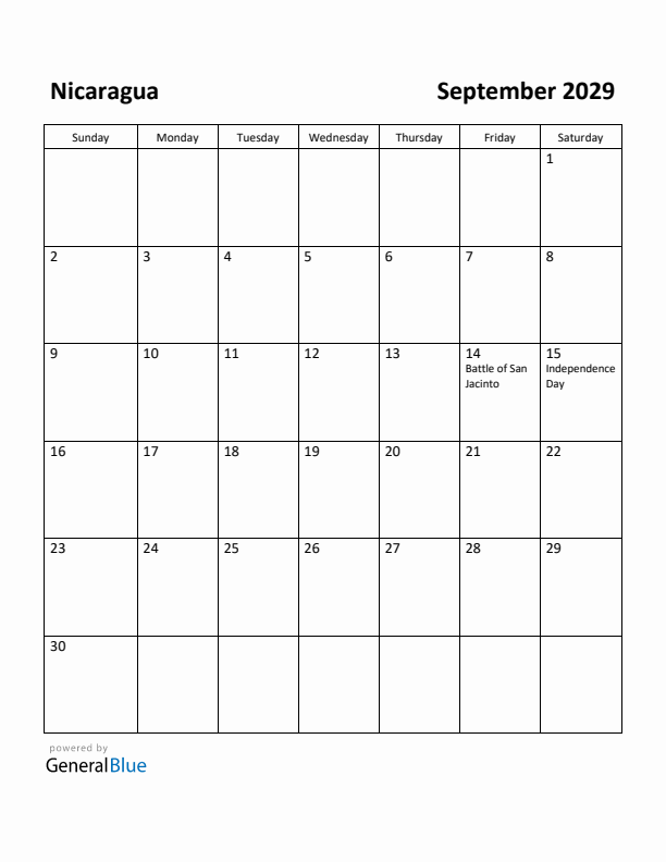 September 2029 Calendar with Nicaragua Holidays