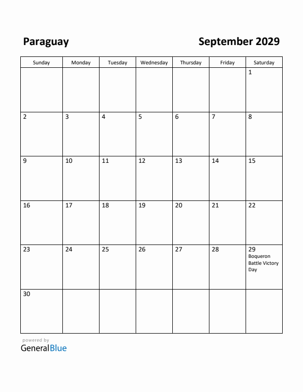 September 2029 Calendar with Paraguay Holidays
