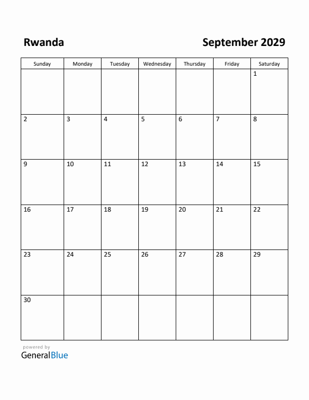 September 2029 Calendar with Rwanda Holidays