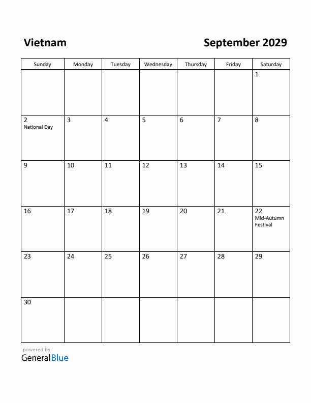 September 2029 Calendar with Vietnam Holidays