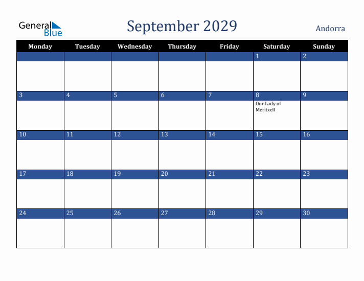 September 2029 Andorra Calendar (Monday Start)