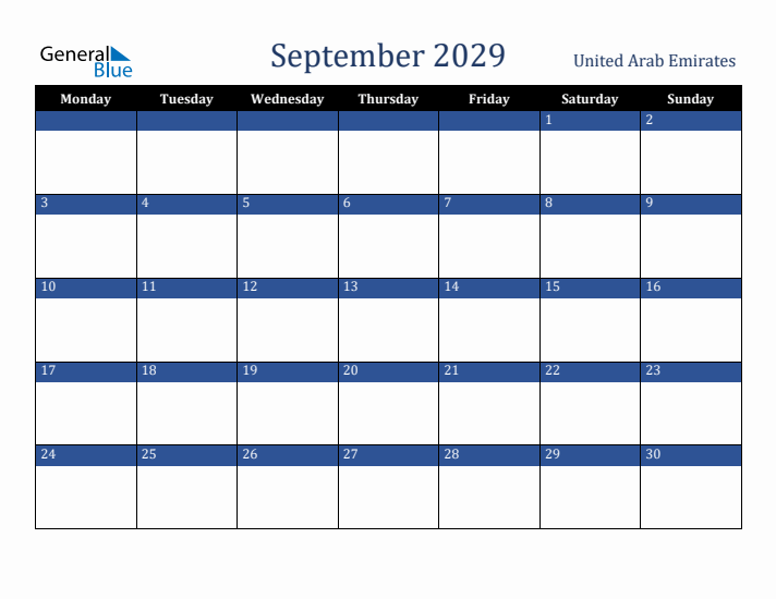 September 2029 United Arab Emirates Calendar (Monday Start)