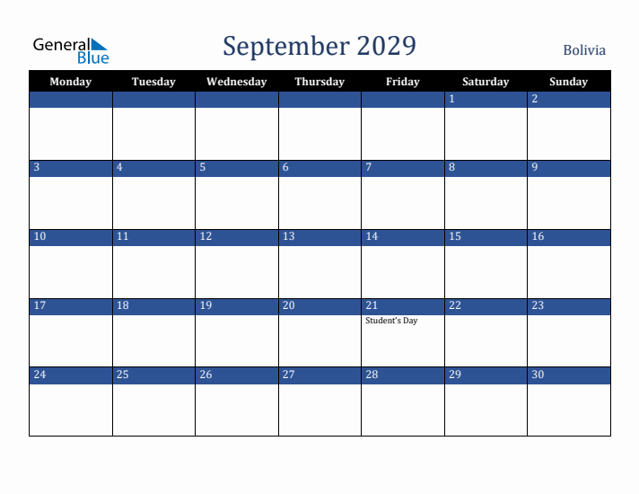 September 2029 Bolivia Calendar (Monday Start)