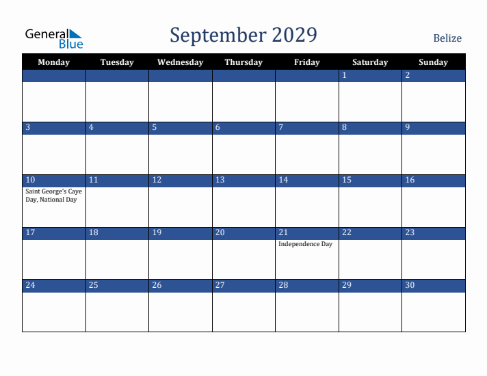 September 2029 Belize Calendar (Monday Start)