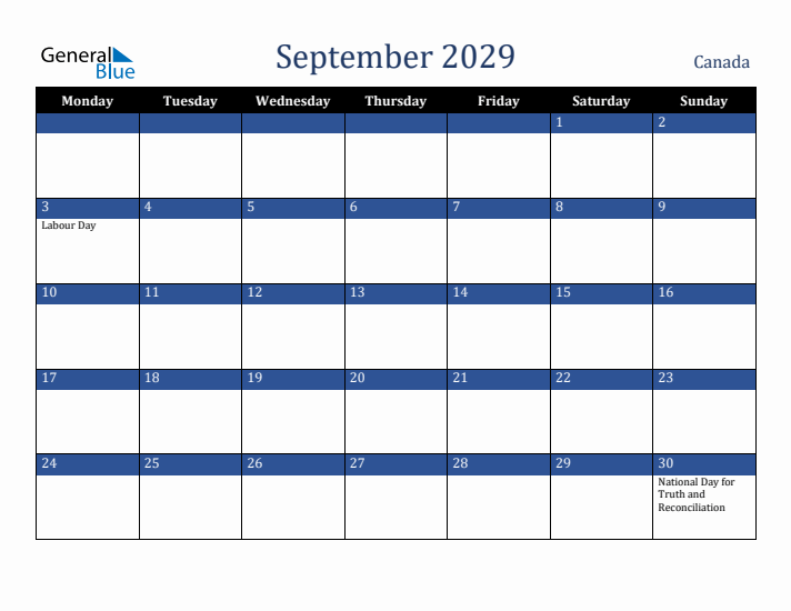 September 2029 Canada Calendar (Monday Start)