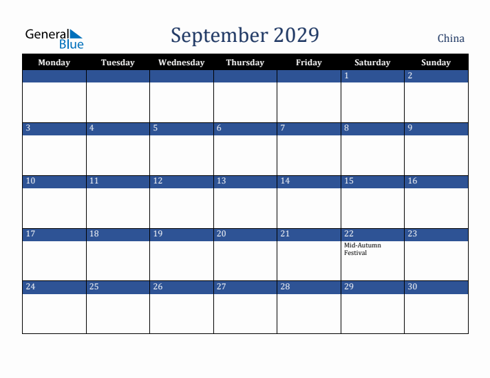September 2029 China Calendar (Monday Start)