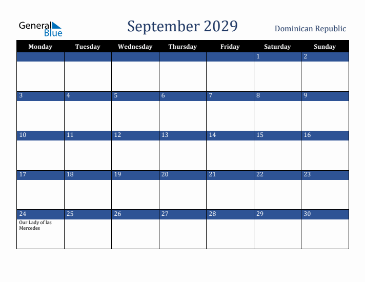 September 2029 Dominican Republic Calendar (Monday Start)
