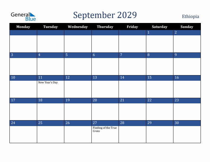 September 2029 Ethiopia Calendar (Monday Start)