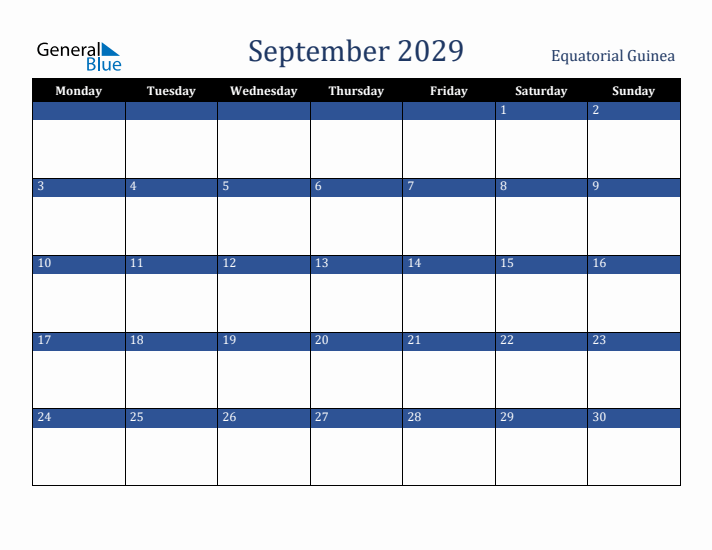 September 2029 Equatorial Guinea Calendar (Monday Start)