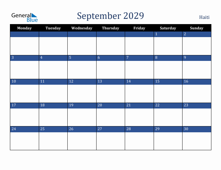 September 2029 Haiti Calendar (Monday Start)