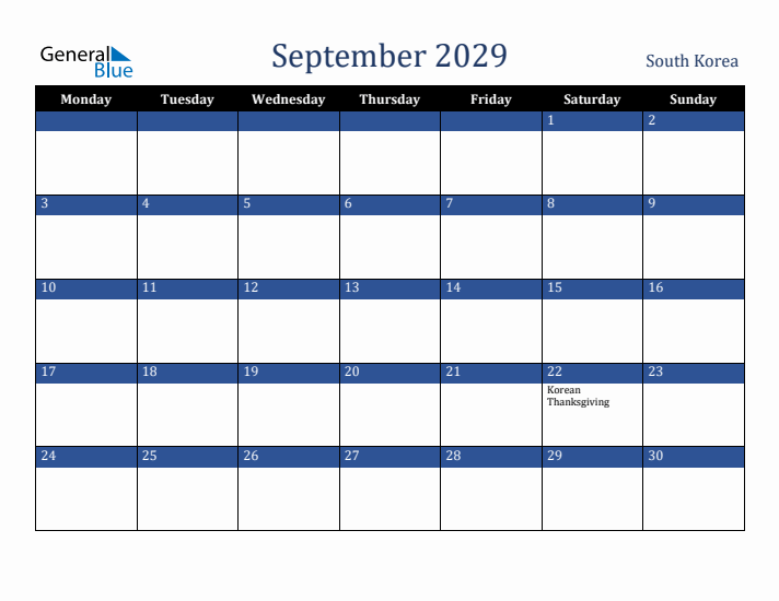 September 2029 South Korea Calendar (Monday Start)